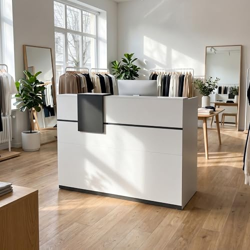 Caldion Rezeptionstheke, Empfangstheke mit beweglichen Regalen, Tresen, Empfangstisch mit abschließbarer Schublade, Schwarze Bänder, für Lobby Cafe Salon, Weiß,130x60x110cm