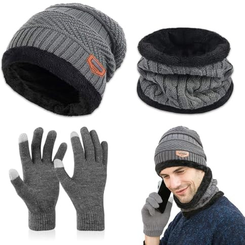 Udbrud Tricoté Chaud Cache-Cou Extensible, 3 Pièces Bonnet écharpe Gants d'écran Tactile Doublure Molleton Doux Chapeau Bonnet D'hiver Écharpe Ensemble de Gants pour Homme Femme (Gris)