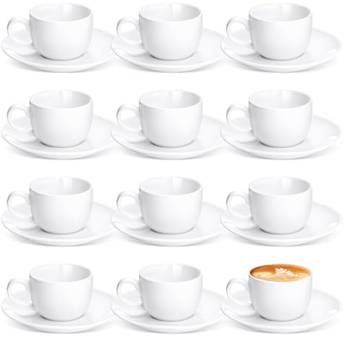 Maxdot 12 Set 2.7 OZ Porcelain Espresso Cups with Saucers White Ceramic Coffee Cups and Saucers Cappuccino Mug Latte Cup for Cafe Mocha Barista Coffee Shop