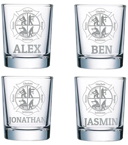 elbedruck 4er Set Schnapsgläser 40ml mit persönlicher Gravur für Feuerwehr | Wunschtext Gravur | Shotgläser (Bergen Schützen Retten Löschen)