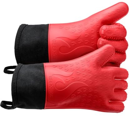 GEEKHOM Silicone Grilling Gloves, Heat Resistant Oven Mitts, BBQ Gloves, Waterproof Non-Slip for Barbecue, Cooking, Baking, Fryer, Red
