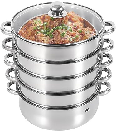 5 Tier Stainless Steel Steamer, 10.3in/28cm Stainless Steel Steam Pot Cookware with Handle, Vegetable Food Steamer Pot Cookware with Glass Lid for Home Kitchen