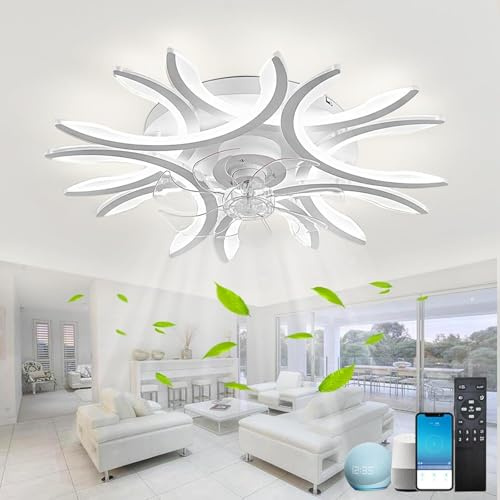 Fachae Deckenventilator mit Beleuchtung Alexa Und Google Assistent Weiß | 6 Geschwindigkeiten,Reversibel, Intelligent Deckenlampe Mit Ventilator,Dimmbare,LED,Speicherfunktion,Weiß,Sprachassistent