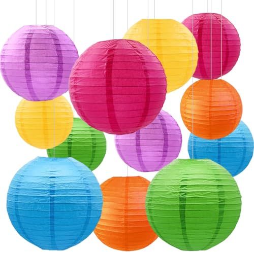 CC wonderland zone 12 Stück Papier Lampions Regenbogen,Bunt Runde Papierlaterne Papier Laterne für Faschingsdeko Karnevalsdeko,Hochzeitsdekorationen, Geburtstagsfeier,Gartenparty Deko