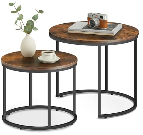 Home Collective Couchtisch 2er Set Rund Beistelltisch Loft Design 2 in 1 Verschachtelung Kratzfeste Oberfläche, Wohnzimmer | 53cm und 43cm Breit Rustikal-Eiche mit schwarzen Beinen
