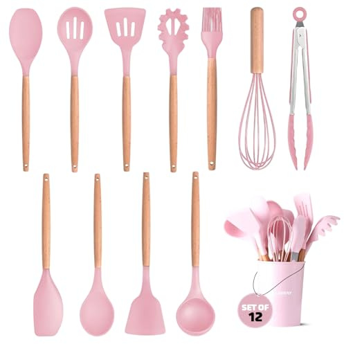 Kitchen Utensil Set - 12 PCS Wooden Silicone Cooking Utensils, Heat Resistant Nonstick Cookware Tools Spatula Spoon Turner Ladle Tongs Brush Holder Sets (Wooden Pink)