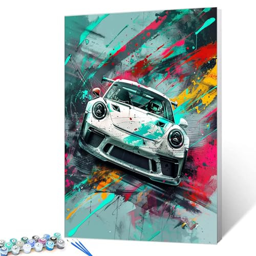 Tucocoo Schönes Supercar Malen nach Zahlen für Erwachsene, Weißes Porsche DIY Ölgemälde-Set auf Leinwand mit Pinsel und Acrylpigment, Buntes Graffiti-Stil für Wohnraumdekoration 40,6 x 50,8 cm