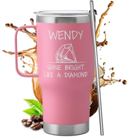 Maverton Mug Isotherme Personnalisable Rose en Acier Inoxydable 600 ml | Gobelet Isotherme avec Paille et Boîte Cadeau, avec brosse de nettoyage, Cadeau Femme Anniversaire diamant