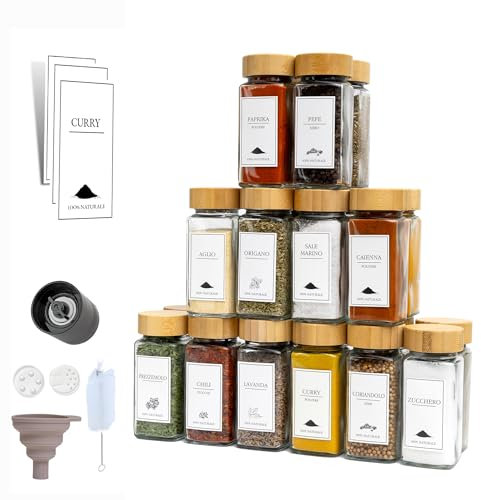 comforder – Barattoli Spezie per Cucina + 336 Etichette in Italiano e 2 Mulini – 24 Contenitori in Vetro da 120 ml (Bambù)