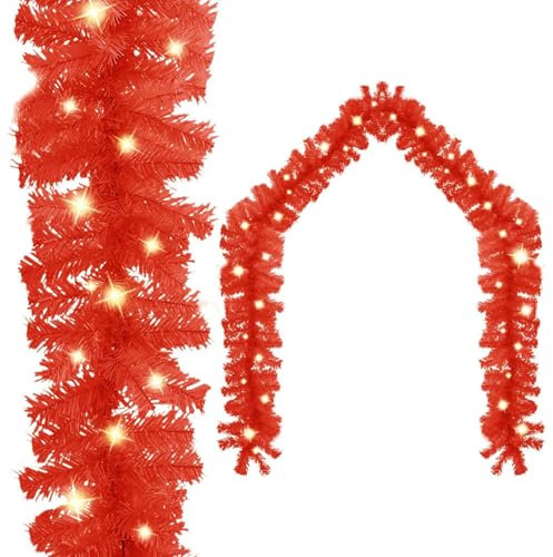 Homgoday Weihnachtsgirlande mit LED Tannengirlande Girlande Weihnachten, Girlande mit Beleuchtung Weihnachtsdeko für Hausgarten Urlaub Hochzeit Party Treppen Kamine 10 m Rot