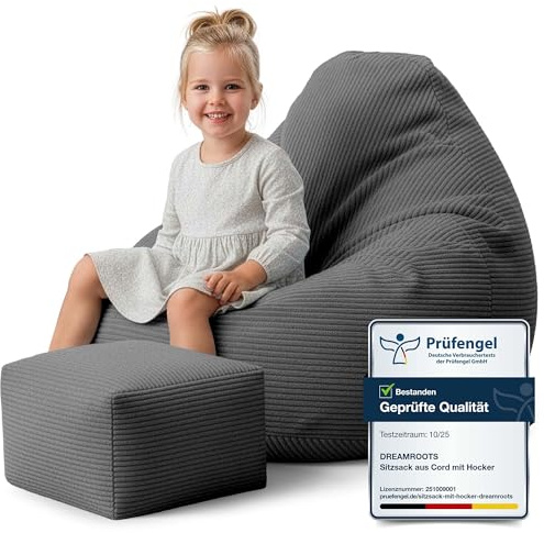 DreamRoots Sitzsack Kinder Cord 70x70x70 cm, Granite Gray | Bean Bag Sofa, 70x70x70 cm, mit Hocker & Bezug, mit Füllung, waschbar, für Kinder & Kinderzimmer
