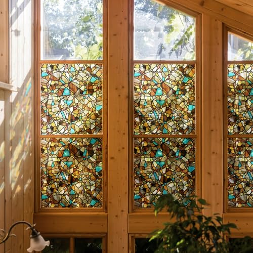 funlife Original Hand-Drawn Faux Stained Glass Window Film, Double-Sided Static Cling Window Cling Suitable for Entryway, Reusable Non-Adhesive Glass Decor, 11.8x118, Yellowish-Brown Cobblestone
