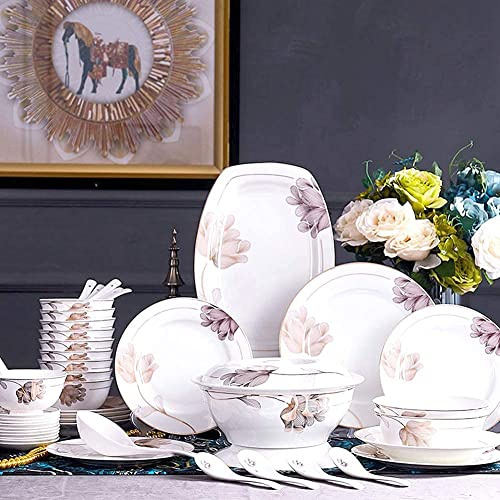 Porcelain crockery set, line drawing petal decoration Bone porcelain crockery set, crockery/plate, ceramic dinner, fine porcelain crockery, dishwasher-safe, microwave-safe, 2-plate (B58 Pieces Serve