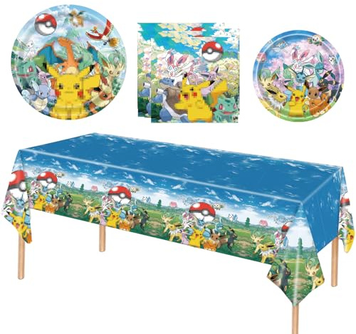 GOACRS Pappgeschirr Set, 41 Stück Partygeschirr mit Pappteller Servietten Tischdecke für 10 Gäste, Bunte Papier Teller, Cartoon Anime Geschirrset für Kindergeburtstag Partydeko und Tischdeko Zubehör