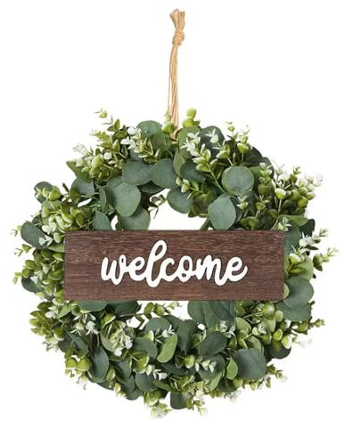 YQBFTC 45CM Türkranz Künstliche Eukalyptus,Eukalyptus Kranz mit Willkommensschild,Türkranz Frühling Sommer Außen Modern Deko zum Aufhängen,Türkranz Ganzjährig Deko für Haustür Hochzeit Bauernhaus Flur