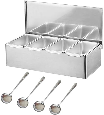 Tokenhigh Recipiente para ingredientes de pizza, accesorio gastronómico de acero inoxidable, 4 compartimentos para especias, recipientes laterales, jardinera para barbacoa con tapa, recipiente para