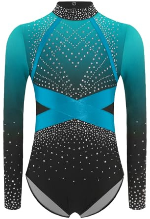 Alvivi Mädchen Turnanzug Glitzer Gymnastikanzug Strass Gymnastik Leotard Langarm Ballettanzug Turntrikot Wettbewerb Tanzkostüm