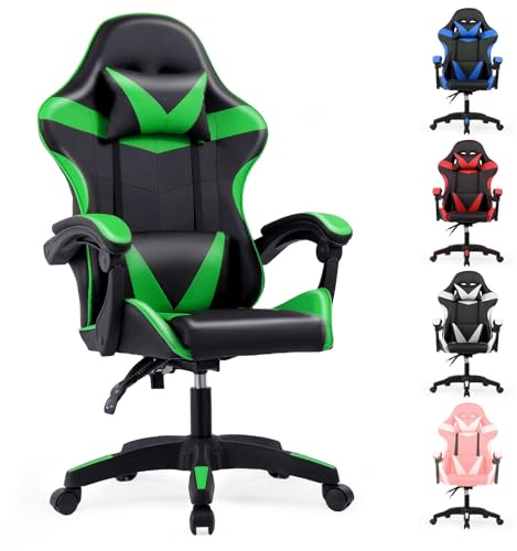 Lishetimig Gaming Chair, Computer Chair with Lumbar Support, Ergonomic Video Game Chair with Headrest, 360°-Swivel Seat for Office, Home or E-sports Playroom (Green)