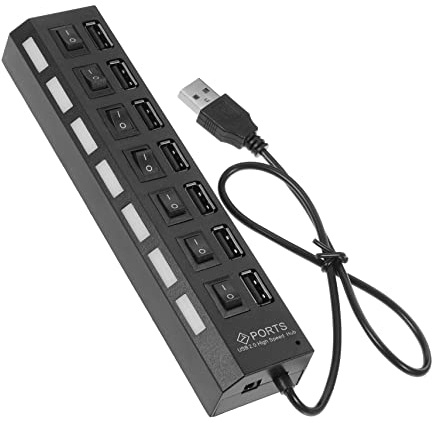 Concentrador 7 LED Azules de 7 Puertos Negro Abs USB | USB 2.0, Portátil y Ligero, , Conexión Plug And Play para Ordenador Portátil