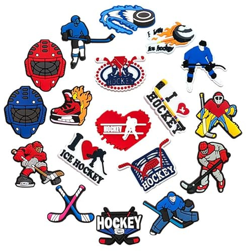 Ice Hockey Shoe Charms 18pcs for Kids,Women Cartoon Shoe Decoration for Shoes Bracelet Wristband Clog Sandals Birthday Gifts