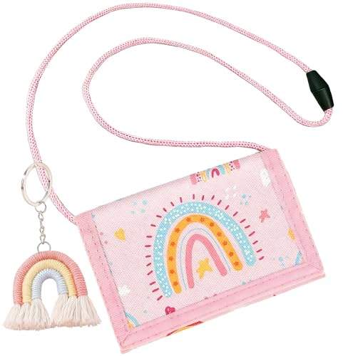 HARY Brustbeutel Kinder Mädchen Regenbogen Geldbeutel mit Schlüsselanhänger | Rosa, Nylon, 12x8cm, Verstellbares Band, Reißverschluss, Portmonee Kinder für Geburtstagsgeschenk, Schulanfang