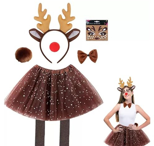 eBoutik - Fun Novelty Festive Adult Christmas Reindeer Costume Set with Antler Headband, Bow Tie, Tutu Skirt, Red Nose & Face Sticker for Adults & Children @ Xmas