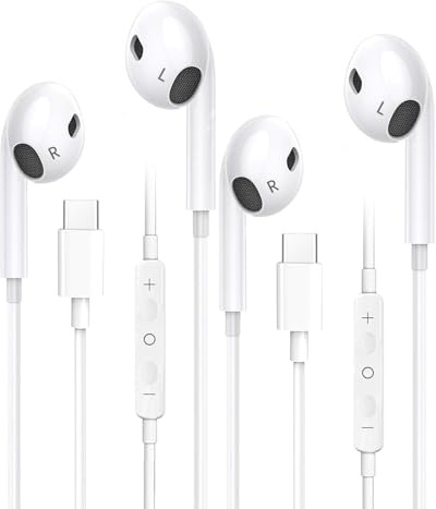 USB C Headphones-2 Pack Type C Headphones Compatible with iPhone 15/16/17 Pro Max Wired Earphones USB C Built-in Microphone and Volume Control Type C Earphones for Galaxy S23/S22Ultra Note 10/20-White