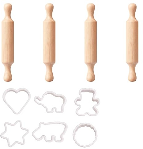 4Pcs Wooden Set with 6Pcs Molds, Small Rolling Pin for Baking, Fondant Rolling Pin, Clay Roller, Ideal for Pizza Dough, Playdough, DIY Crafts, Kids Activities