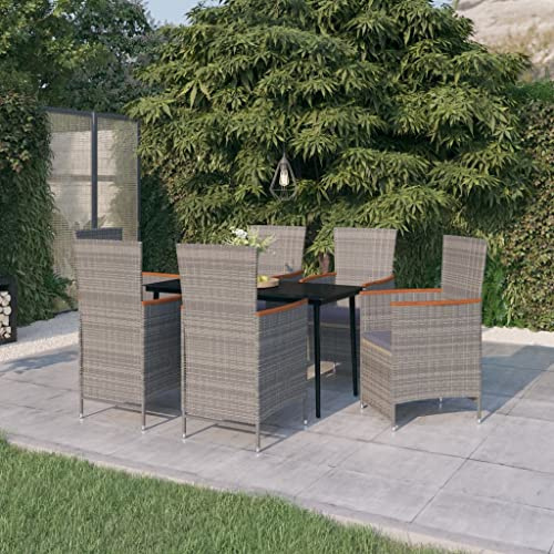 7-TLG. Gruppo da giardino grigio con sedie regolabili, rattan PE impermeabile, telaio in acciaio verniciato a polvere e piano in vetro per patio, balcone e terrazzo