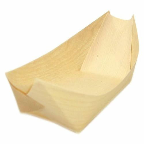 ECOFLAVOUR ADD THE GOODNESS Large Wooden Boat Dishes, Natural Pine, 18.5 x 10cm, 50 Pack, Disposable Serving Bowls for Parties, Weddings, Catering, Food Presentation