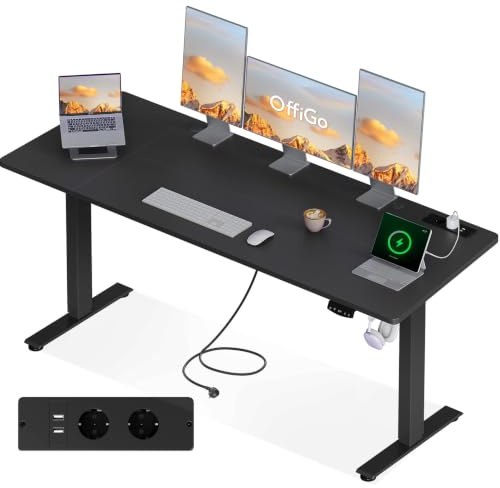 OffiGo Höhenverstellbarer Schreibtisch mit Steckdosen, 200x80cm, Schwarz | Elektrischer Schreibtisch mit USB Ladeanschluss, Schreibtisch Höhenverstellbar mit Memory Funktion, Computertisch für Home