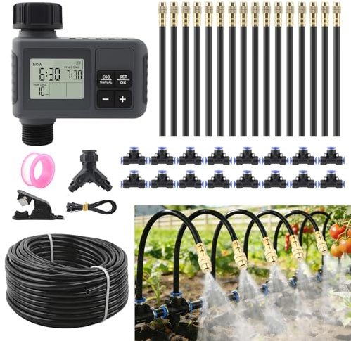 100FT Automatic Drip Irrigation Kits with Water Timer - Garden Watering System with 360° Bendable Spray Adjustable Copper Atomizing Nozzles for Yard, Lawn, Raised Bed, Greenhouse, Potted Plants