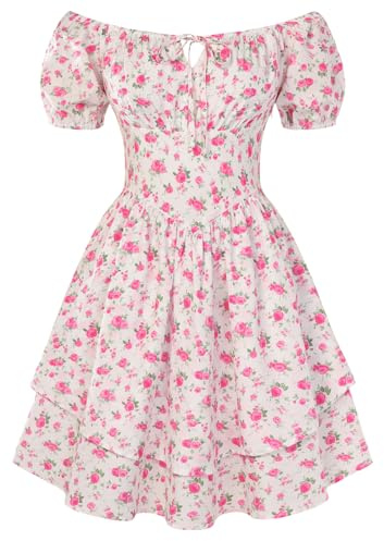 SCARLET DARKNESS Women's Summer Corset Dress Puff Sleeves Floral Short Dress Mini A-line Dresses for Beach