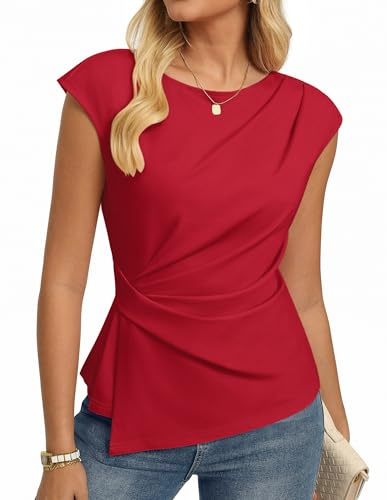 GRACE KARIN Women's Summer Tops Short Sleeve Crew Neck Casual Tunic Blouses Ruched Work Shirt Red XL