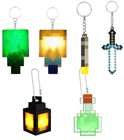 6 Llaveros de Lámpara de Antorcha con Luces, Llaveros de Lámpara Pixelada con Forma de Espada de Diamante Creeper y Botella de Poción Mágica, Llaveros de Modelo Pixelado con Luces para Decoración