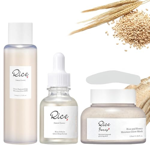 Reis Skincare Set, Gesichtspflege Set Damen - Reis Toner, Reis Arbutin Serum, Reis & Honey Glow Maske, Korean Skin Care Set für Feuchtigkeit, glättet die Haut, Glow Skin und reduziert feine Linien