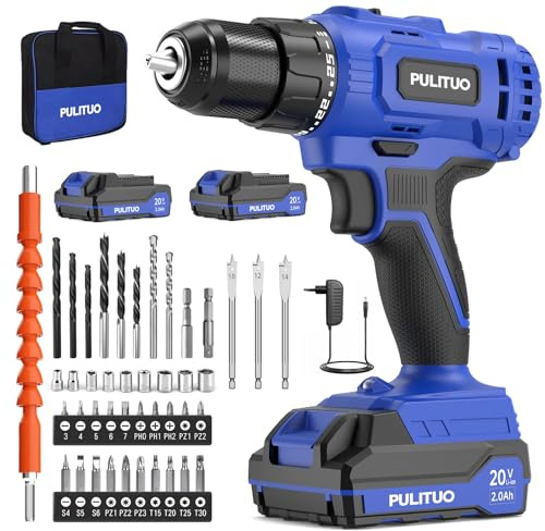 PULITUO Taladro Percutor a Batería, Taladro Atornillador Batería 20V c/ 2x2,0Ah, 45 Nm, 25+1 Niveles de Par, Portabrocas de 1/2, 2 Velocidades, Con Set de Accesorios, Bolsa Incluida