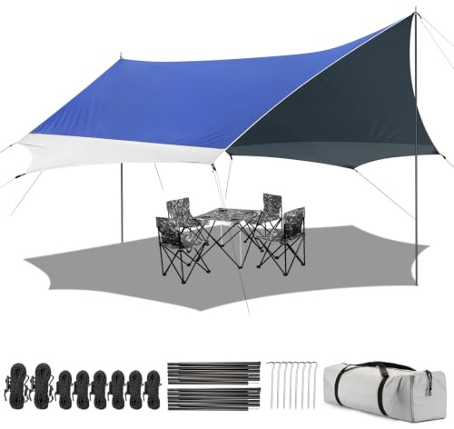 Toldo de Camping con 2 Postes, 3.7 x 4.3 m, toldo Impermeable PU2000+, UPF 50+, Revestimiento Plateado, Lona Impermeable con Ojales para Camping, mochileros, Senderismo