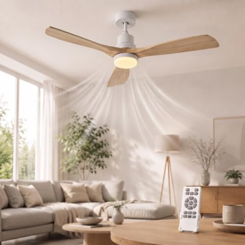 Thickoad Ventilatore da soffitto da 132 cm con illuminazione e telecomando, motore CC silenzioso, 3 pale, 6 velocità, timer, 6 velocità, funzionamento estivo e invernale per camera da letto (bianco)