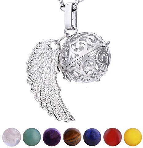 Morella Collana Donna Acciaio Inossidabile 70 cm con Ciondolo Ali di Angelo e 7 Sfere con Pietre preziose Gemme minerali in Un Sacchetto di Velluto