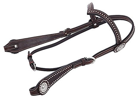 Thor Equine Kopfstück Allan Westerntrense V‑Shaped Stirnriemen Conchos & Dots Leder Dunkelbraun Full verstellbar