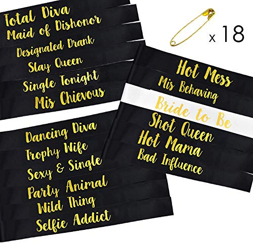 STAY GENT 18 Stück Bride Tribe Schärpen Set 17 Schwarz mit 1 Weiß-Bride Schärpe Junggesellinnenabschied - Team-Braut Nacht Heraus Favor