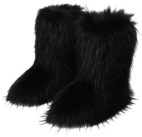 Gegefur Women's Faux fur Boot Furry Fluffy Short Snow Boot Mid-Calf Boots Warm Comfortable Outdoor Flat Shoes (black, numeric_8)