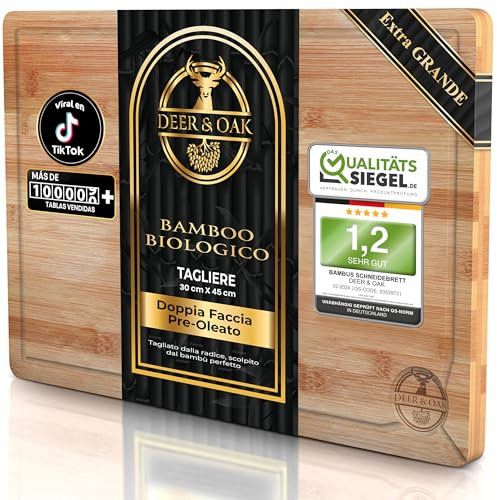 Deer & Oak Schneidebrett Holz – XXL Bambusbrett 44x30x2cm, Vorgeölt & Wasserabweisend, Messerfreundliches Küchenbrett für Fleisch, Gemüse & Brot