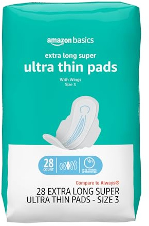 Amazon Basics Ultra Thin Pads with Flexi-Wings for Periods, Extra Long Length, Super Absorbency, Leak Protection, Unscented, Size 3, 28 Count