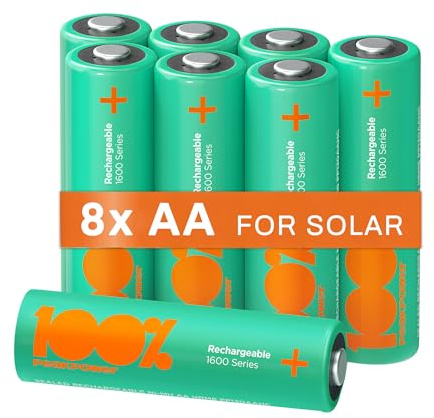 PeakPower Solar Akku AA NiMH | 8 Stück AA Akku für Solarlampen | Wiederaufladbare Batterien AA 1300mAh 1,2V, ideal für Solarleuchten, Solarbrunnen etc.