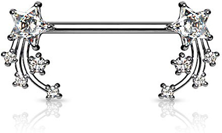 beyoutifulthings Brustwarzen-piercing Stern-schnuppen Silber Clear Pink Aqua Brust-piercing Nippel-piercing Intim-piercing Chirurgenstahl Stab 16-mm