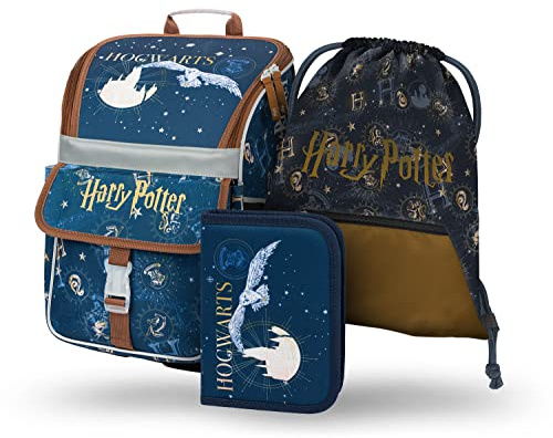 Baagl Cartable garçon fille ensemble 3 pièces - Sac d'école Zippy pour 1ère classe - Cartable primaire avec sangle de poitrine - Sac à dos d'école ergonomique, Harry Potter Poudlard, 17 cm x 28 cm x