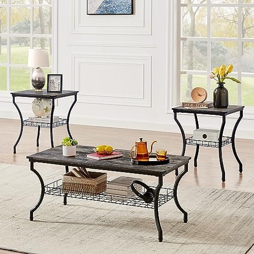 VECELO 3 Pieces Living Room Table Sets, Coffee and End Tables with Open Storage Shelves for Apartment, Home Office, Small Space, Easy Assembly, Grey Oak