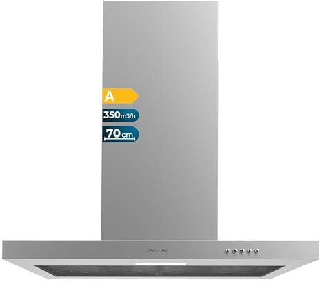 Cecotec Campana Extractora 70 cm Tipo T Bolero Flux TM 703500 Inox A. Potencia de Succión 350m3/h, Motor 70W, Control Mecánico, 3 Niveles de Potencia, Luz y Filtro de Carbono, Inox